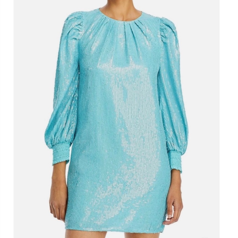 Alice + Olivia Pauletta Sequin Mini Dress Size Small Blue Long Blouson Sleeve